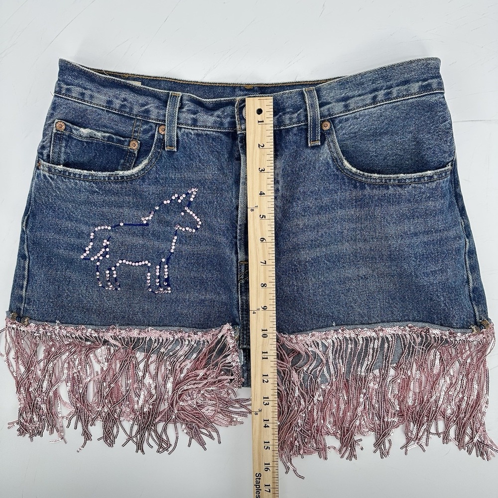 Levi's 501 Premium Custom Cutoff Shorts W30 Rhinestone Fringe Festival Y2K Denim - Picture 6 of 13